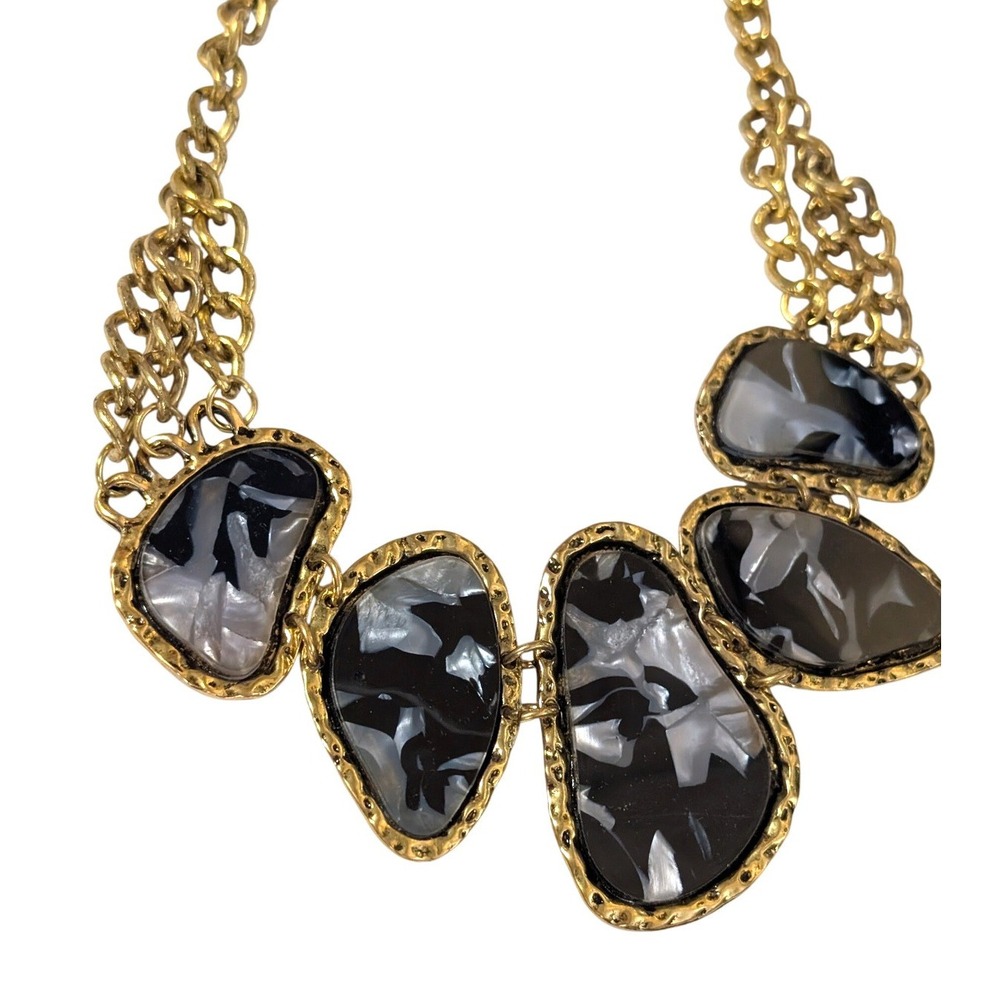 Statement Bib Necklace Black White Lucite Gold Tone Curb Chain 1990s Y2K
